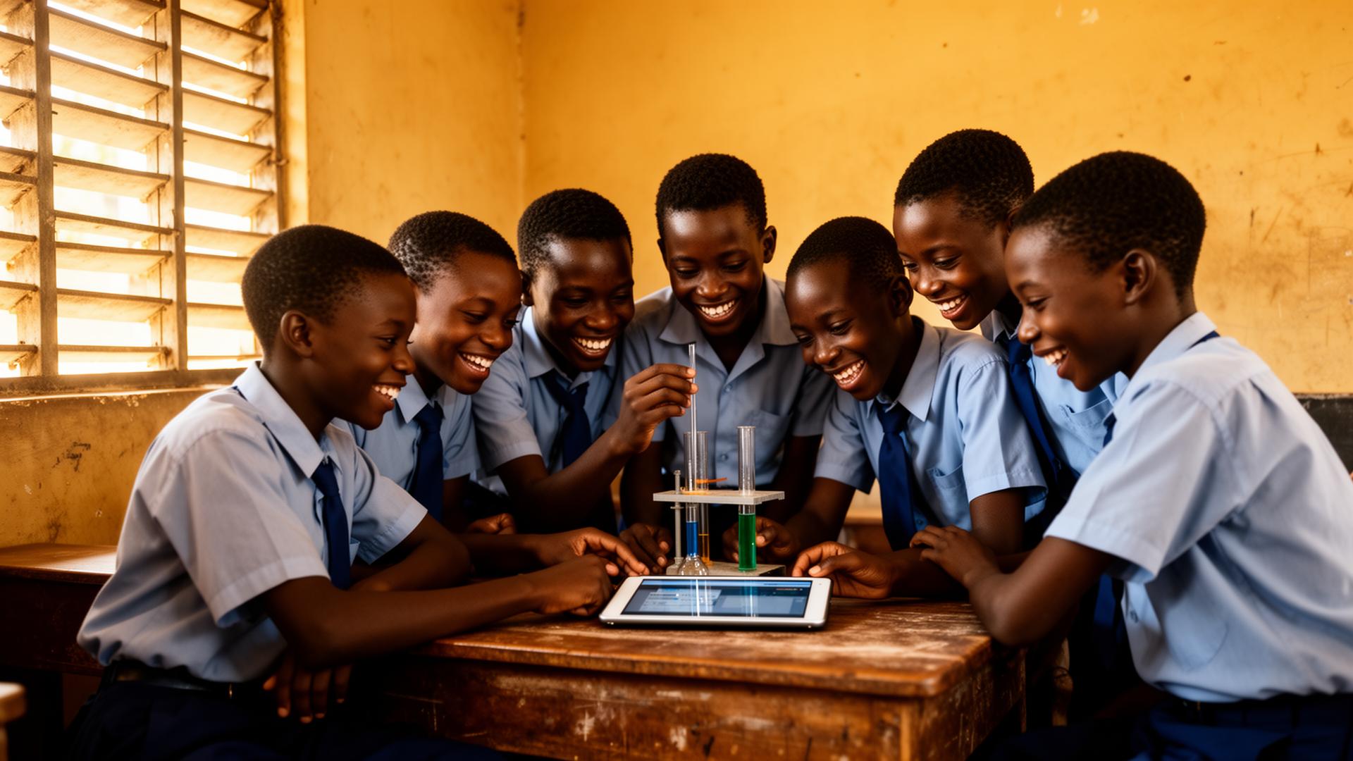 Nigerian students gathered around a tablet doing a science experiment