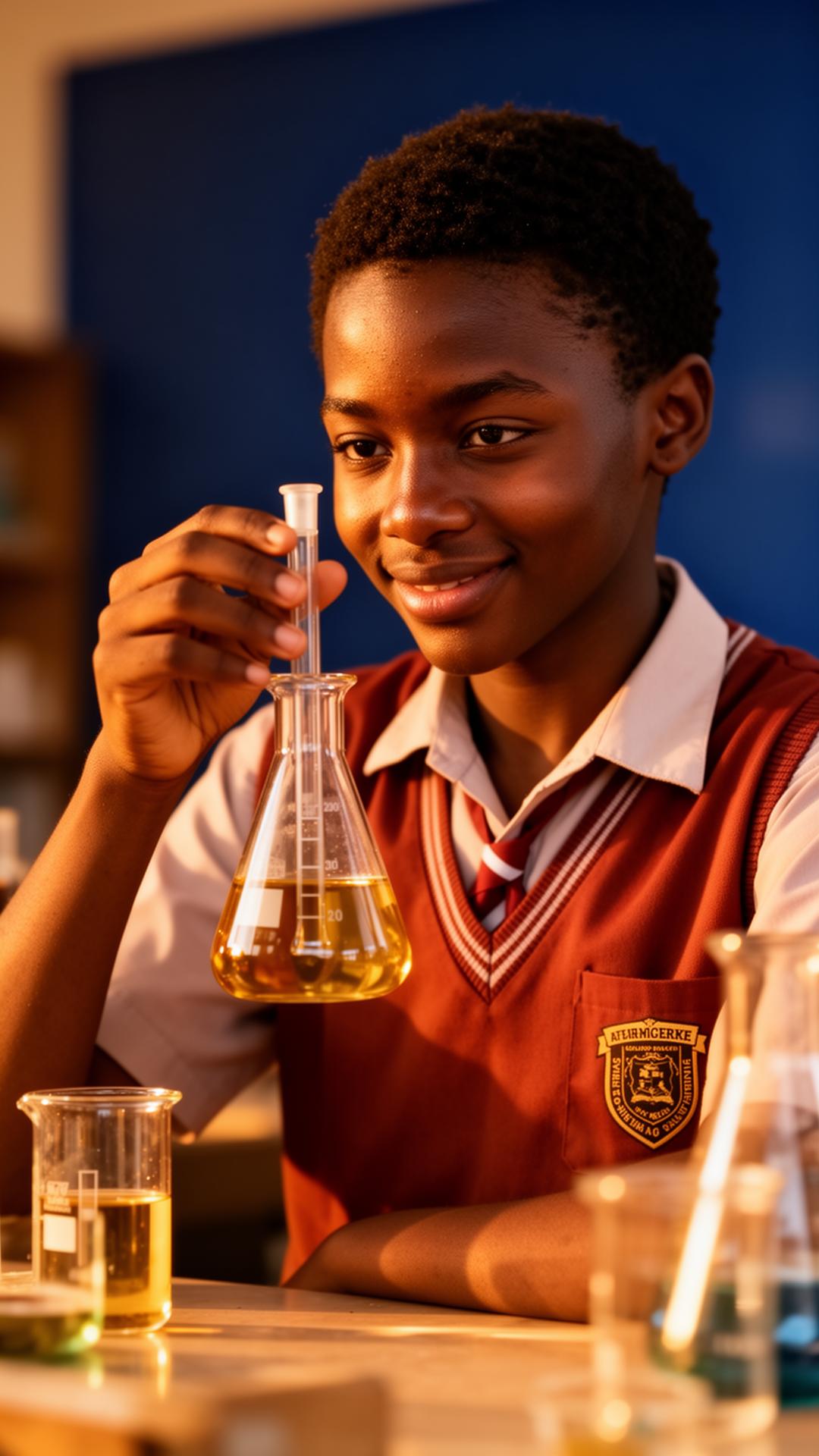 Nigerian secondary school student examining a beaker in a science lab