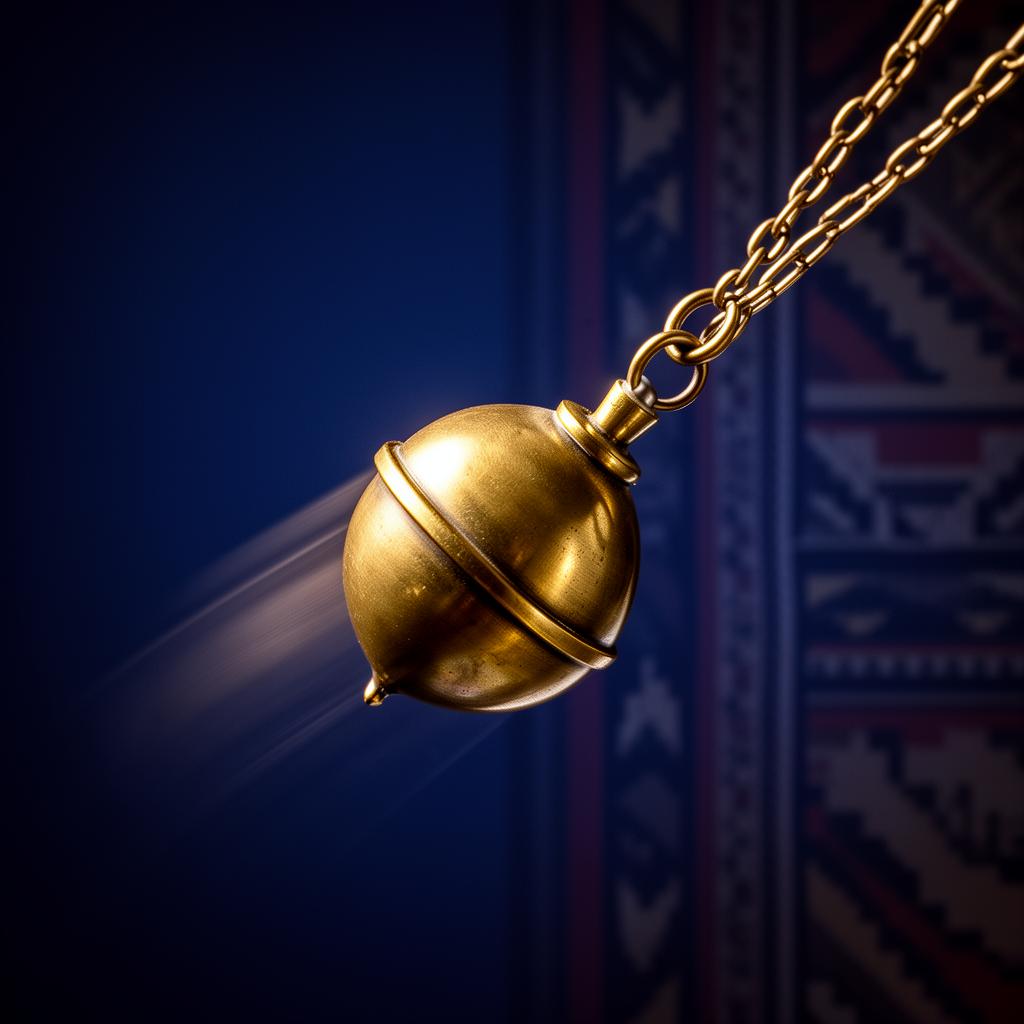 Brass pendulum in motion against indigo backdrop